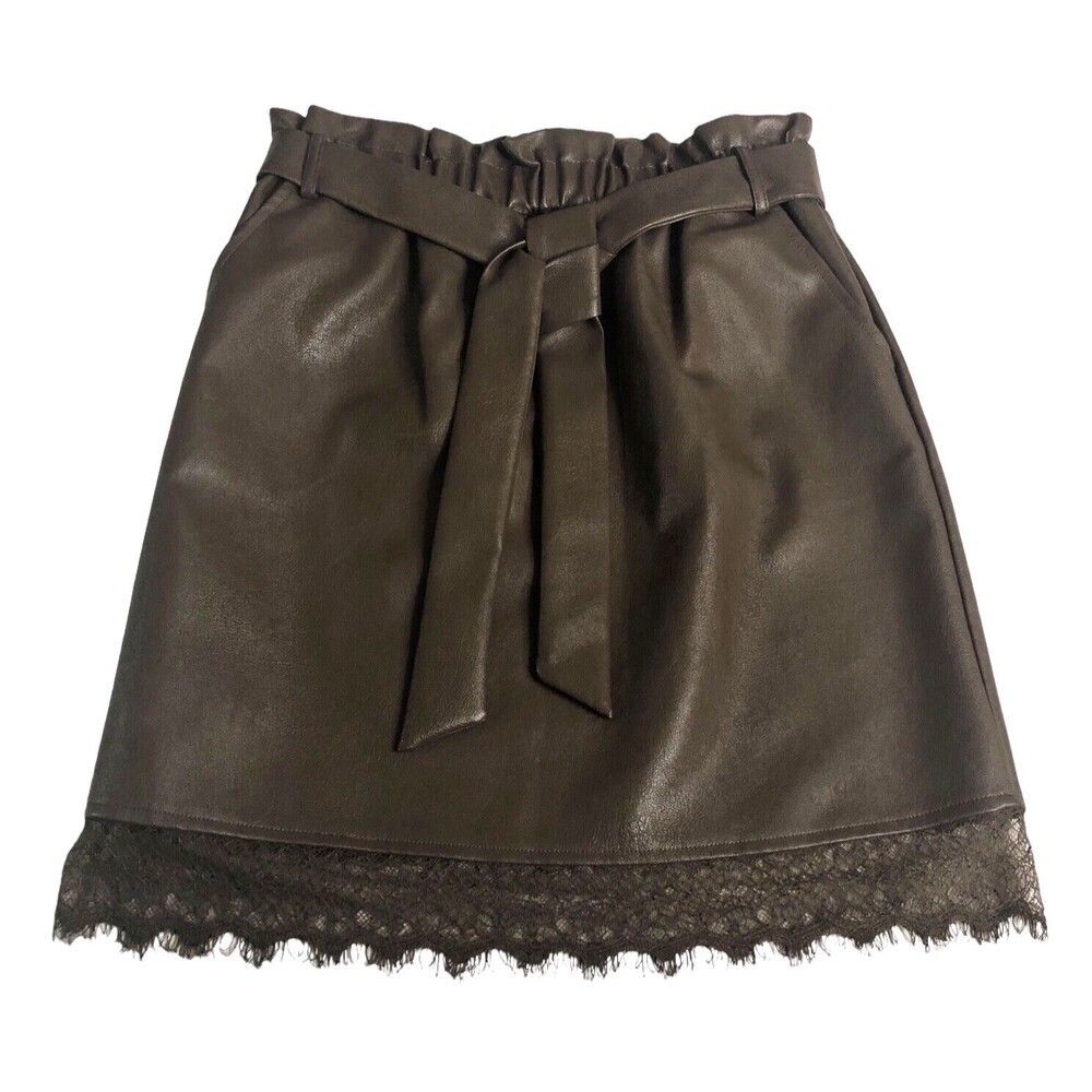 Molly Bracken Skirt Womens Small Brown Faux Leather Belted Lace Hem Paper Bag
